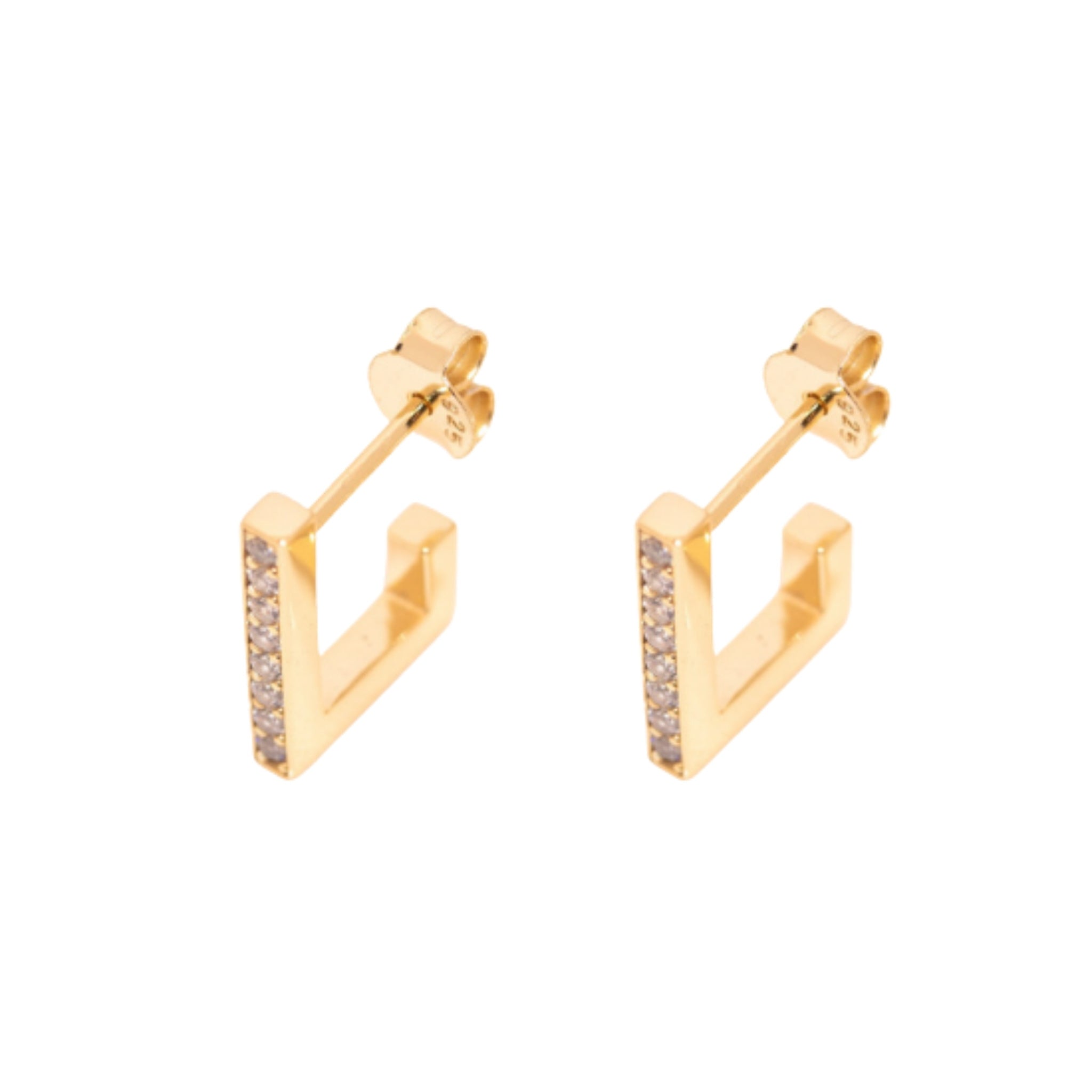 Sleek modern geometrical square huggies with pave stones 18k gold vermeil - Nikki E. Designs