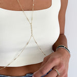 18k gold vermeil waterproof body chain worn over white crop top – Nikki E. Designs