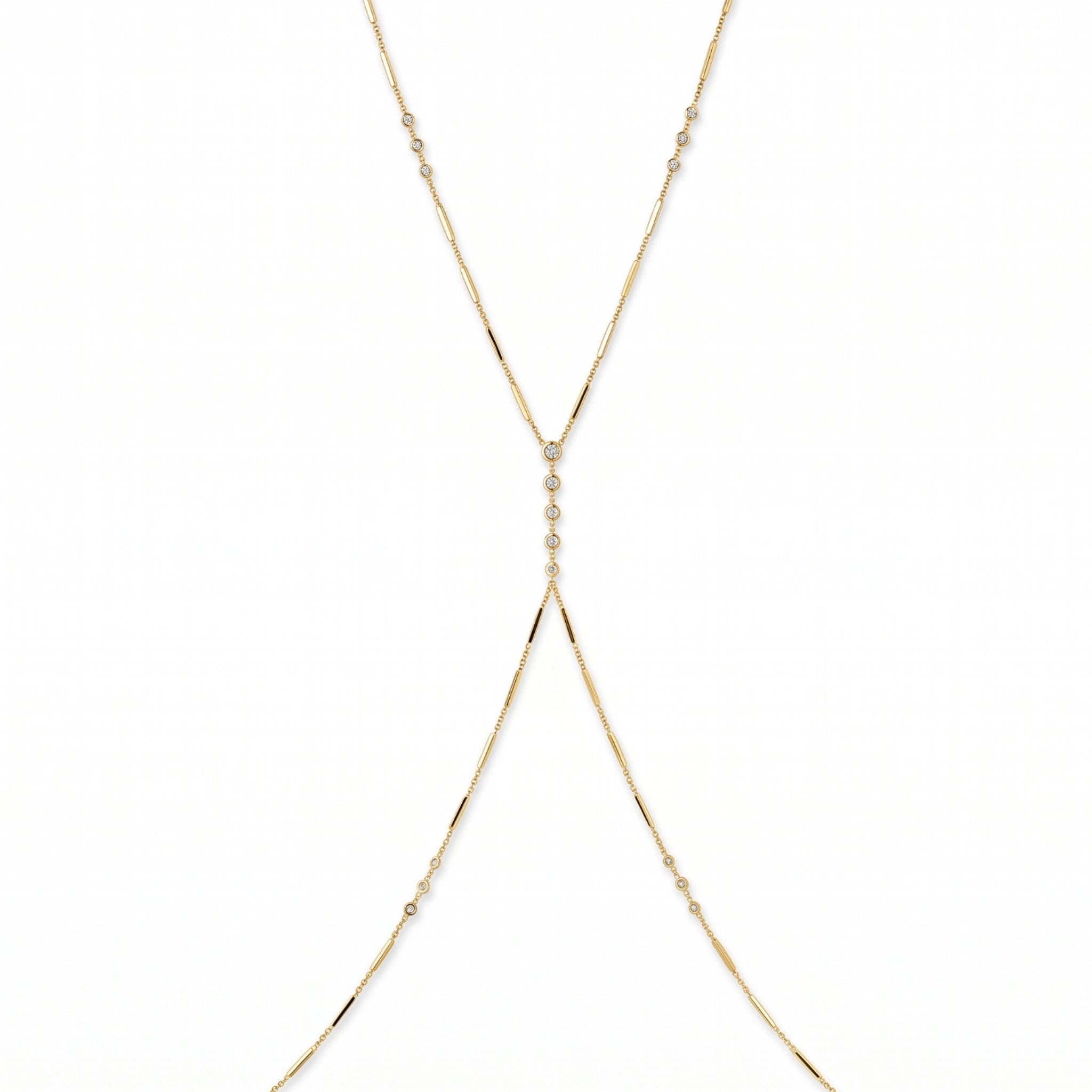 Amalfi gold body chain with bezel CZ stations and bar chain detail waterproof – Nikki E. Designs