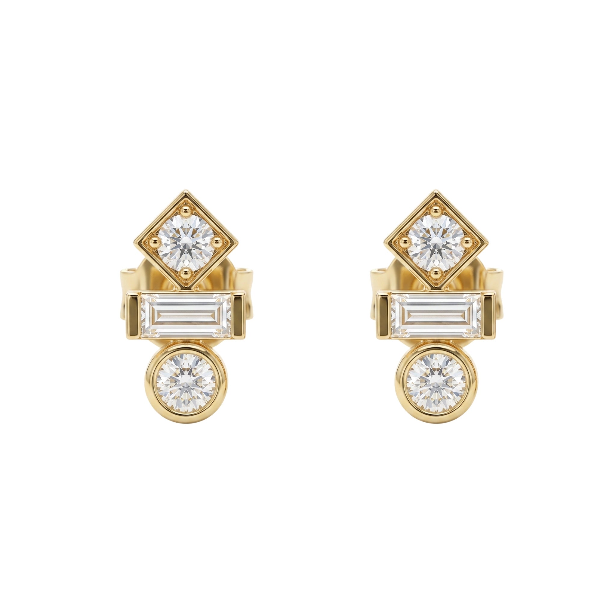 Deco geometric CZ stud earrings with baguette and round stones in gold surgical steel – Nikki E. Designs