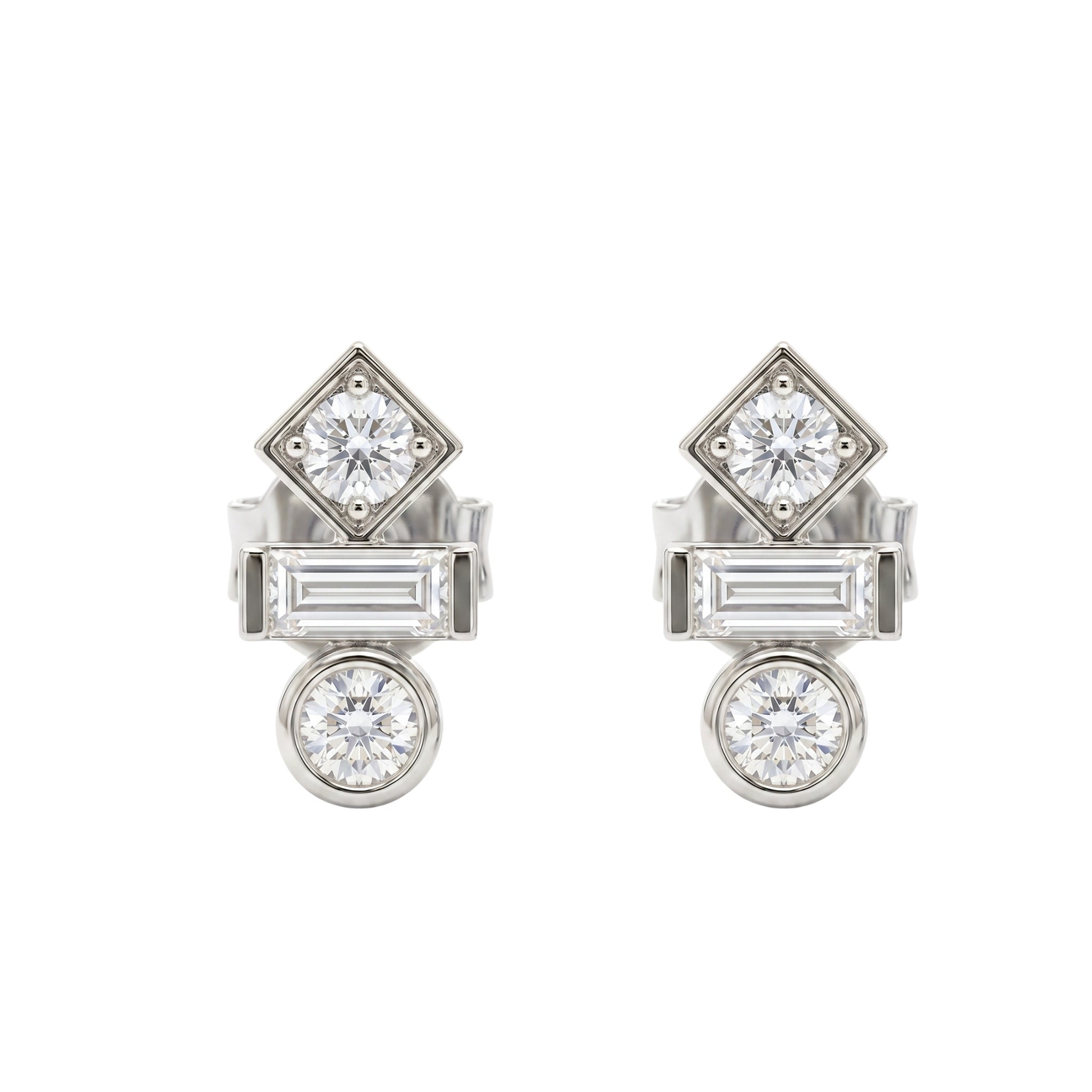 Deco geometric CZ stud earrings with baguette and round stones in silver surgical steel – Nikki E. Designs