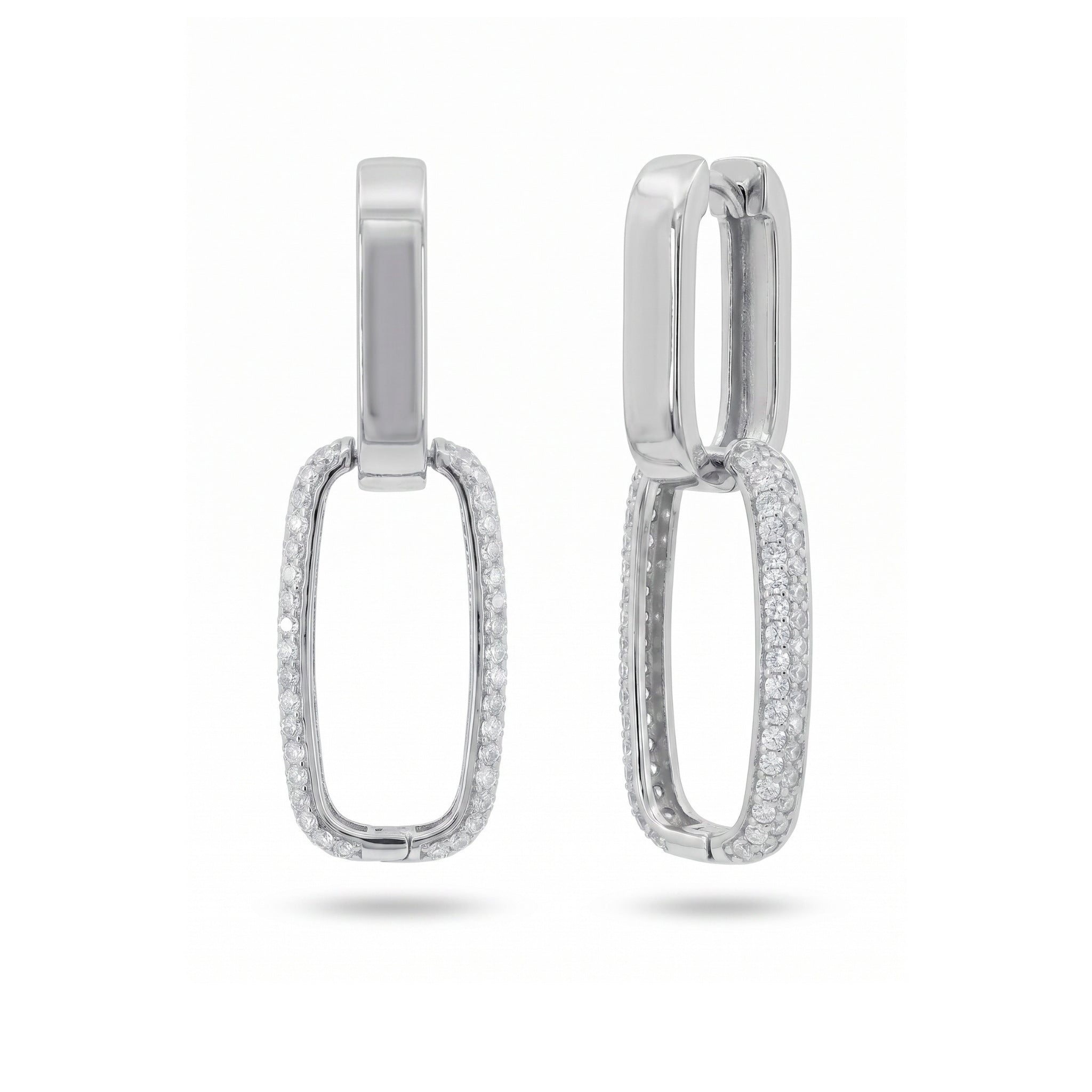 Modular Drop Hoops in sterling silver showing solid and pavé CZ links separated – Nikki E. Designs