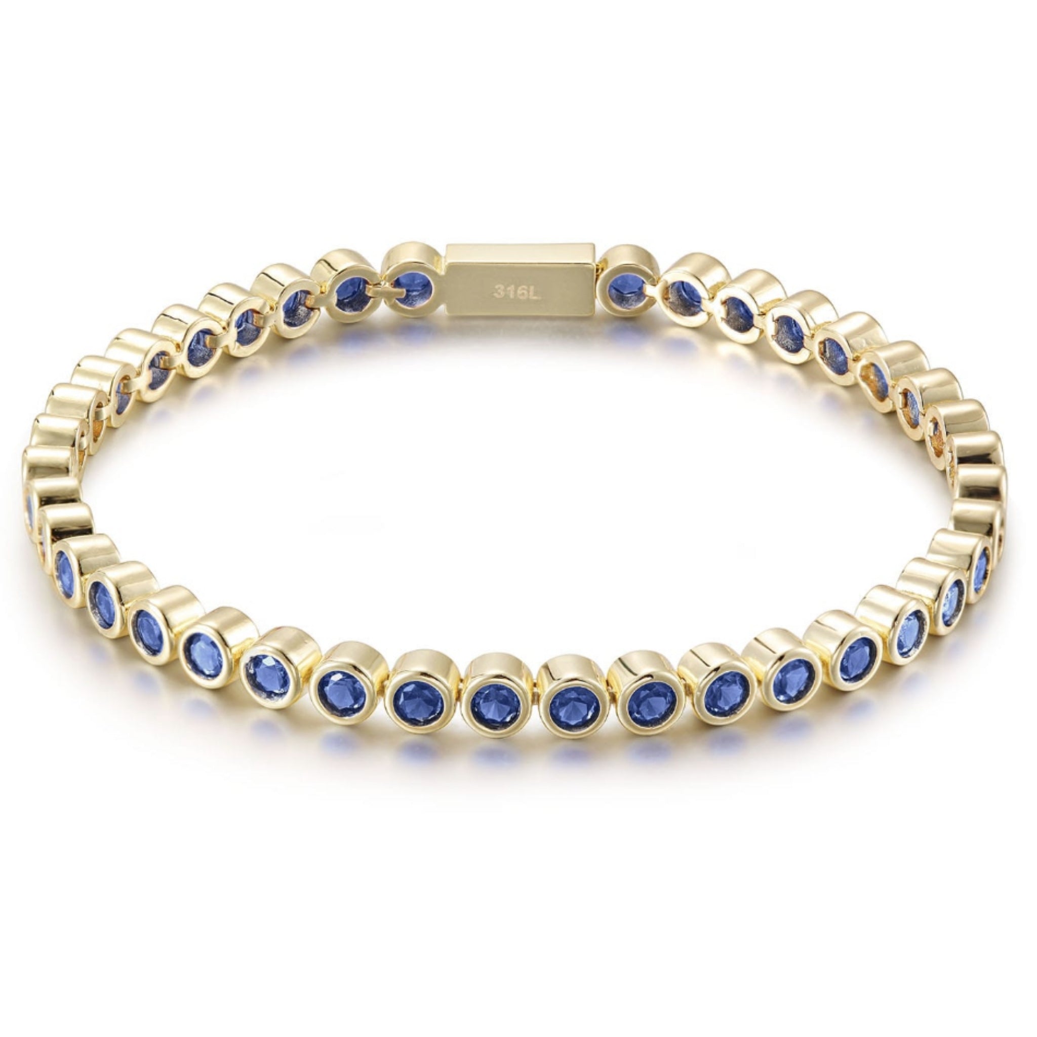 Waterproof Remi Jewel Tennis Bracelet in sapphire blue bezel-set CZ gold 316L surgical stainless steel – Nikki E. Designs
