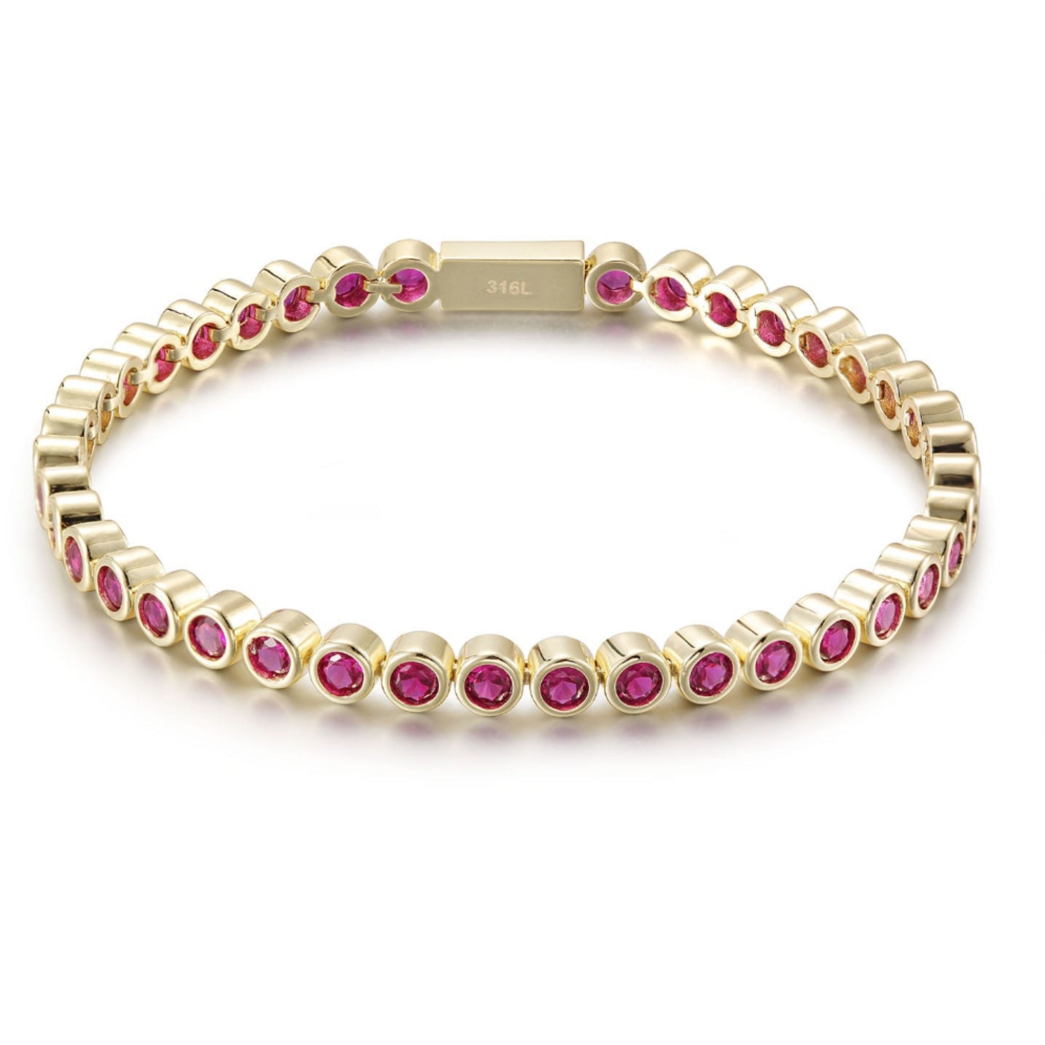 Remi Jewel Tennis Bracelet in ruby pink bezel-set CZ 316L gold surgical stainless steel – Nikki E. Designs