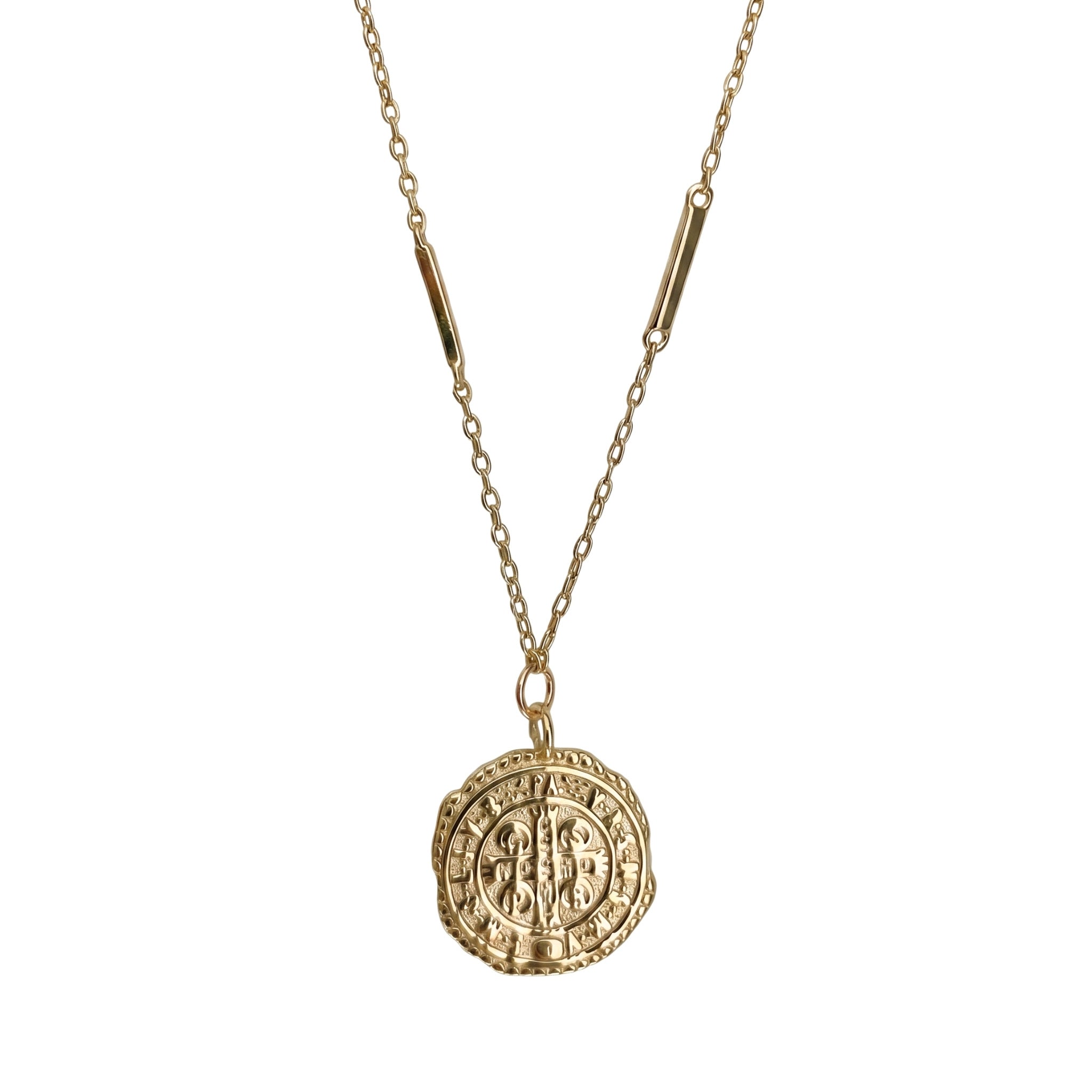 Rome St. Benedict 12mm gold coin pendant on bar and cable chain in 18k gold vermeil – Nikki E. Designs