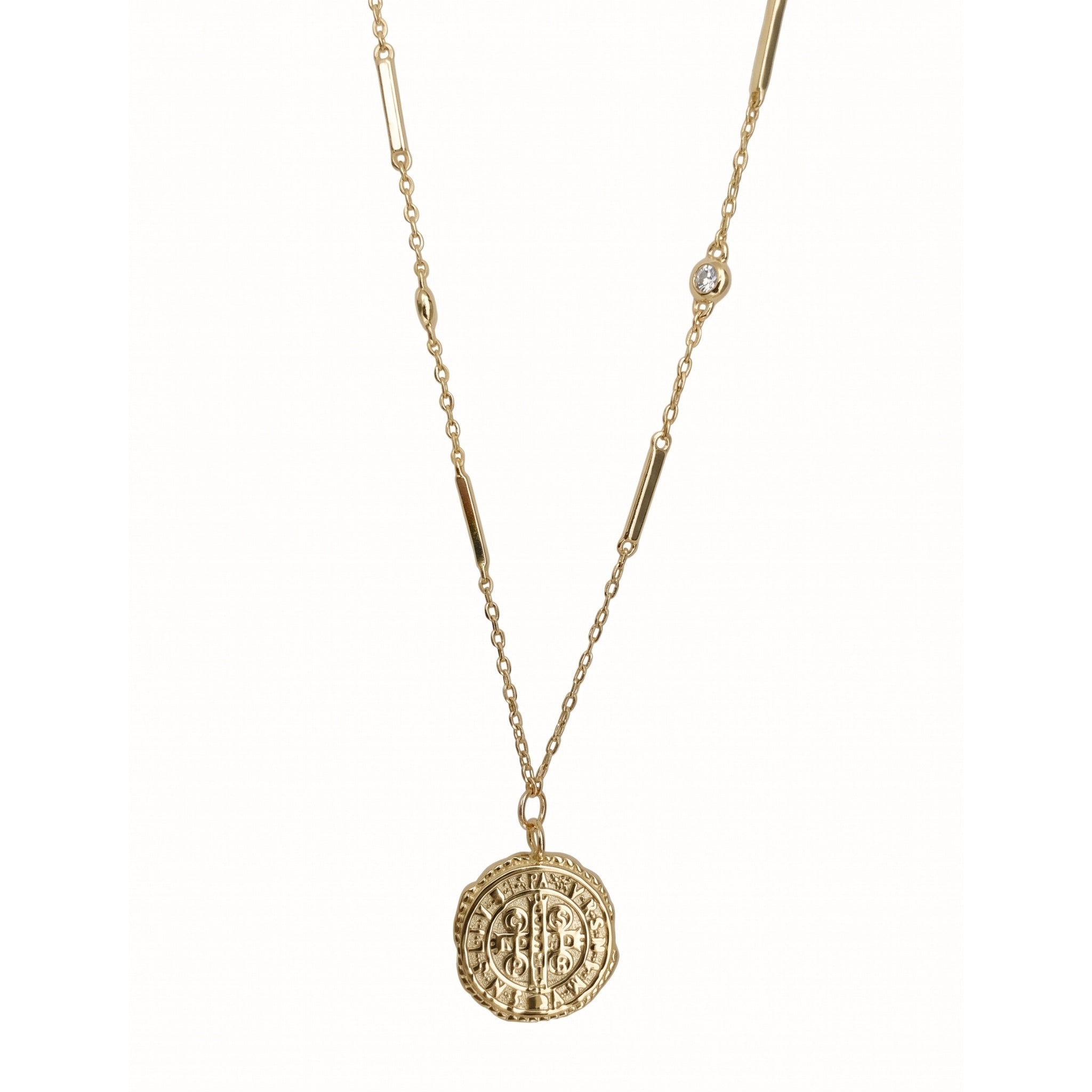 Rome St. Benedict 12mm gold coin pendant on bar and cable chain in 18k gold vermeil – Nikki E. Designs