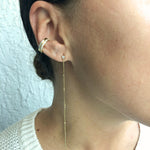 Gold stardust threader earrings worn long showing full 4 inch drop – Nikki E. Designs