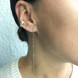 Gold stardust threader earrings worn long showing full 4 inch drop – Nikki E. Designs