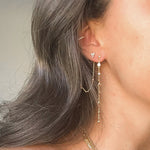 Gold triple cluster CZ stud earrings worn as second piercing in ear stack with long duster – Nikki E. Designs