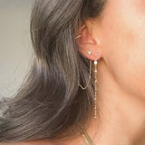 Gold triple cluster CZ stud earrings worn as second piercing in ear stack with long duster – Nikki E. Designs