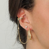 Gold triple cluster CZ stud earrings worn as second piercing in ear stack – Nikki E. Designs