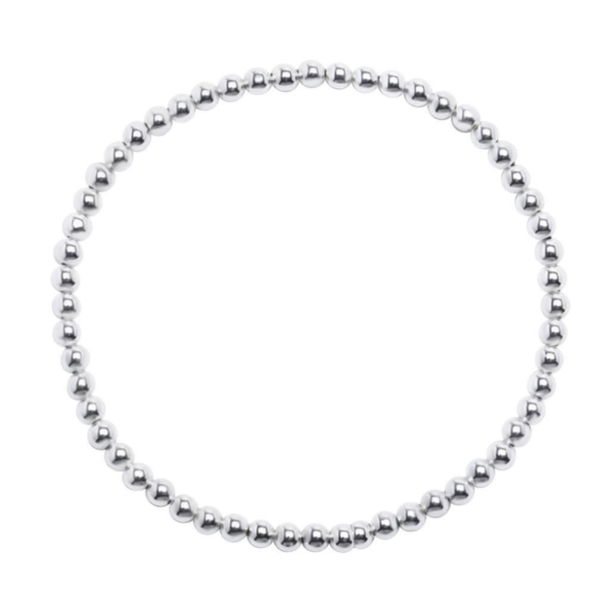 Vida 4mm silver bead stretch bracelet in surgical stainless steel on white background – Nikki E. Designs
