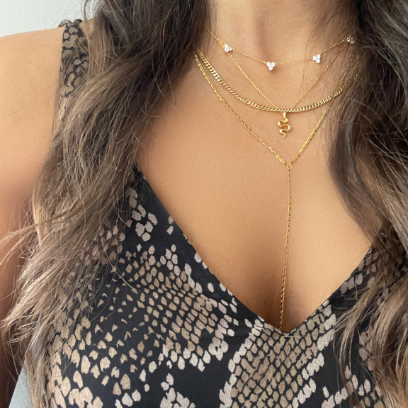 Gold lariat necklace layered with station cluster stone necklace and pendant necklace – Nikki E. Designs